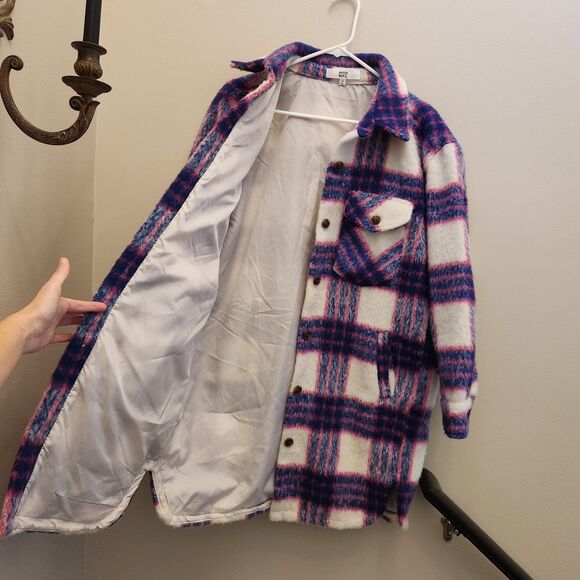 STEVE MADDEN NYC Pink & Blue Plaid Jacket Long Oversized Coat Shacket Sz M City - Picture 4 of 9